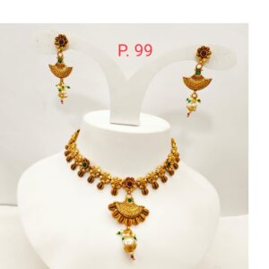 Antique Gold polish Flower Design choker Necklace set with Green & Red stone 1328