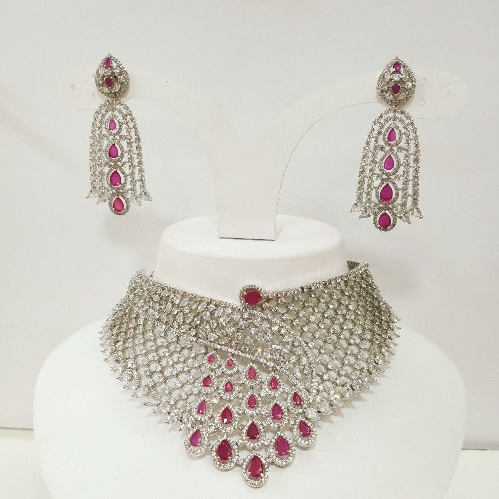 CZ necklace set ruby stone setting