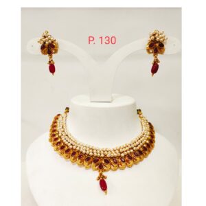 Traditional Kuiri Shape Gold Plated Choker Necklace set with red(ruby) stone & moti 1301