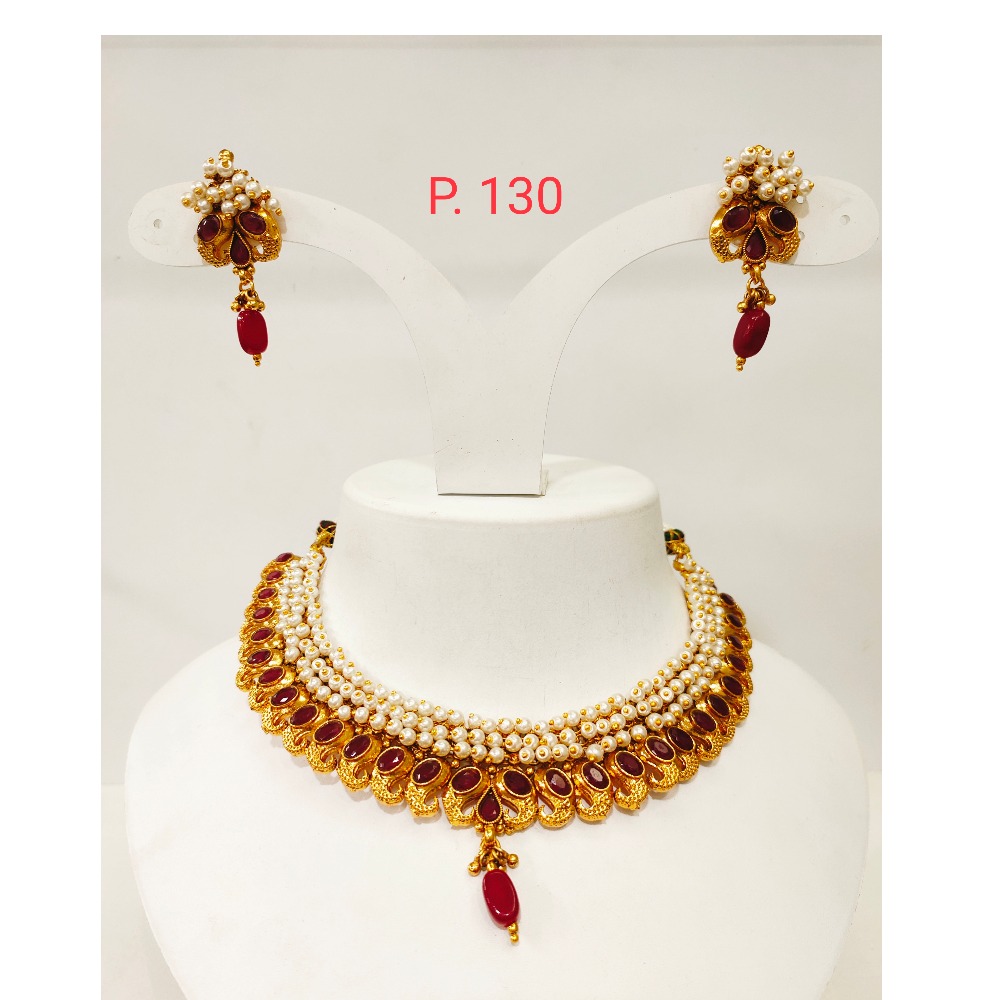 Traditional Kuiri Shape Gold Plated Choker Necklace set with red(ruby) stone & moti 1301