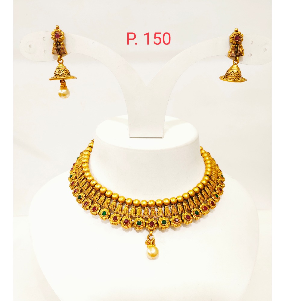 Gold plated bead with Flower Design Green & pink stone Choker set 1296