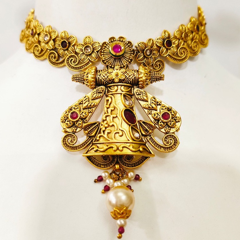 Antique unique design choker with gold plated & ruby stone set 1298