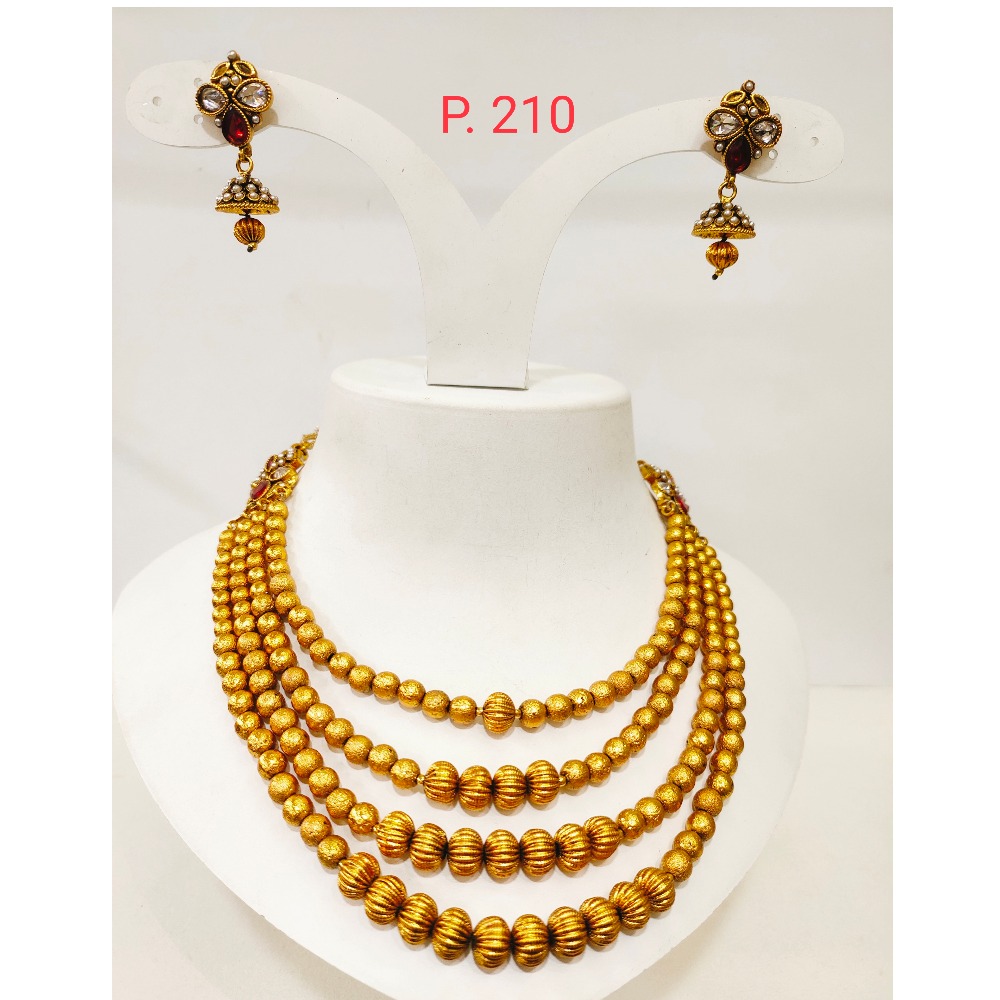 Antique Gold Bead 4 line mala Necklace set with Earrings for women 1294