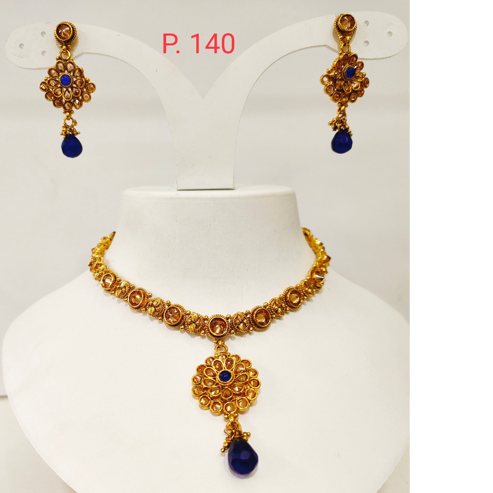 Mini choker with blue stone gold plated necklace set 1293
