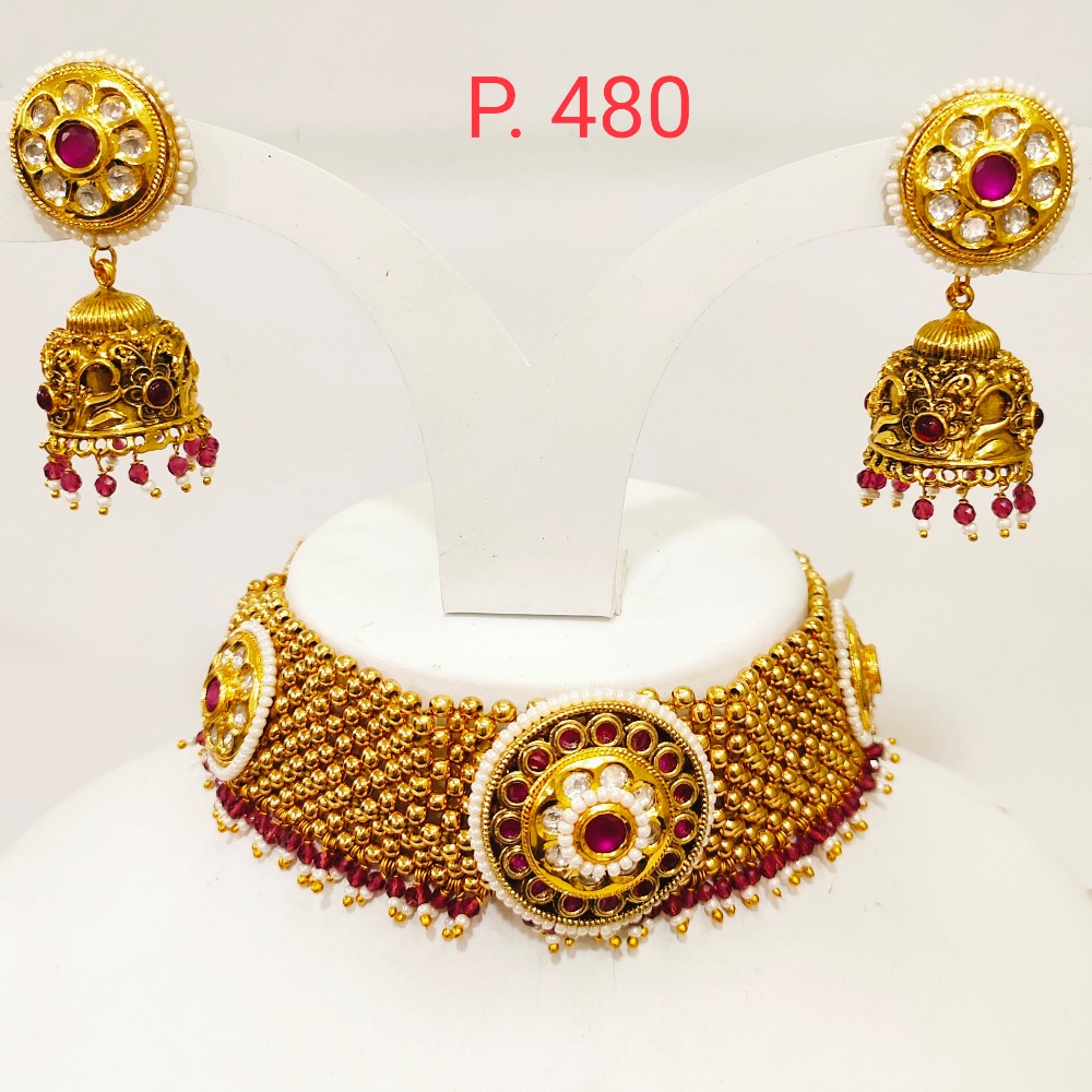 Gold plated bead combination with pink stone & hanging pearl Choker set 1290