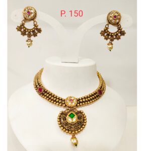 Gold Plated Bead choker Necklace Set with peacock & Flower design 1289