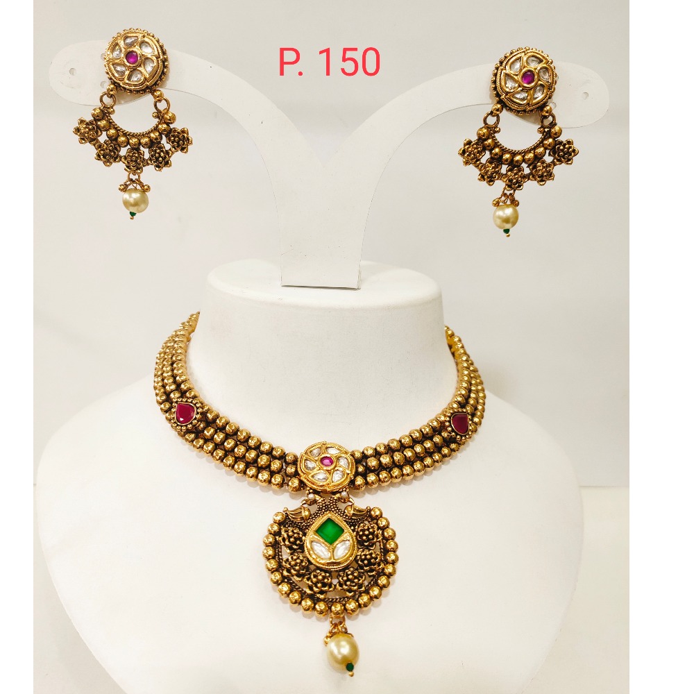 Gold Plated Bead choker Necklace Set with peacock & Flower design 1289