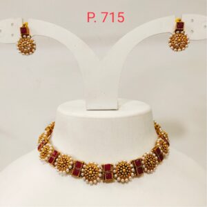 Gold tone square shape red(ruby) stone choker set combination with pearl 1287