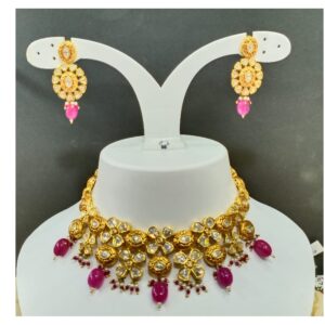 Mini choker kundan work with hanging ruby necklace set 1285