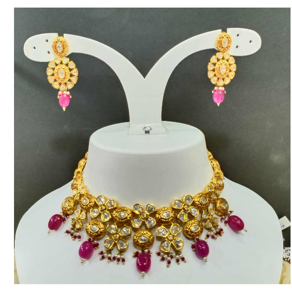 Mini choker kundan work with hanging ruby necklace set 1285