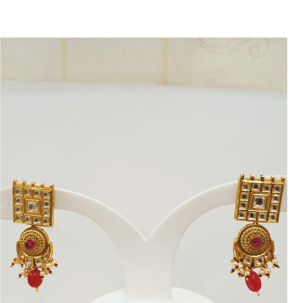 Gold plated and squer design kundan choker with hangin ruby necklace set 1283 - Image 3