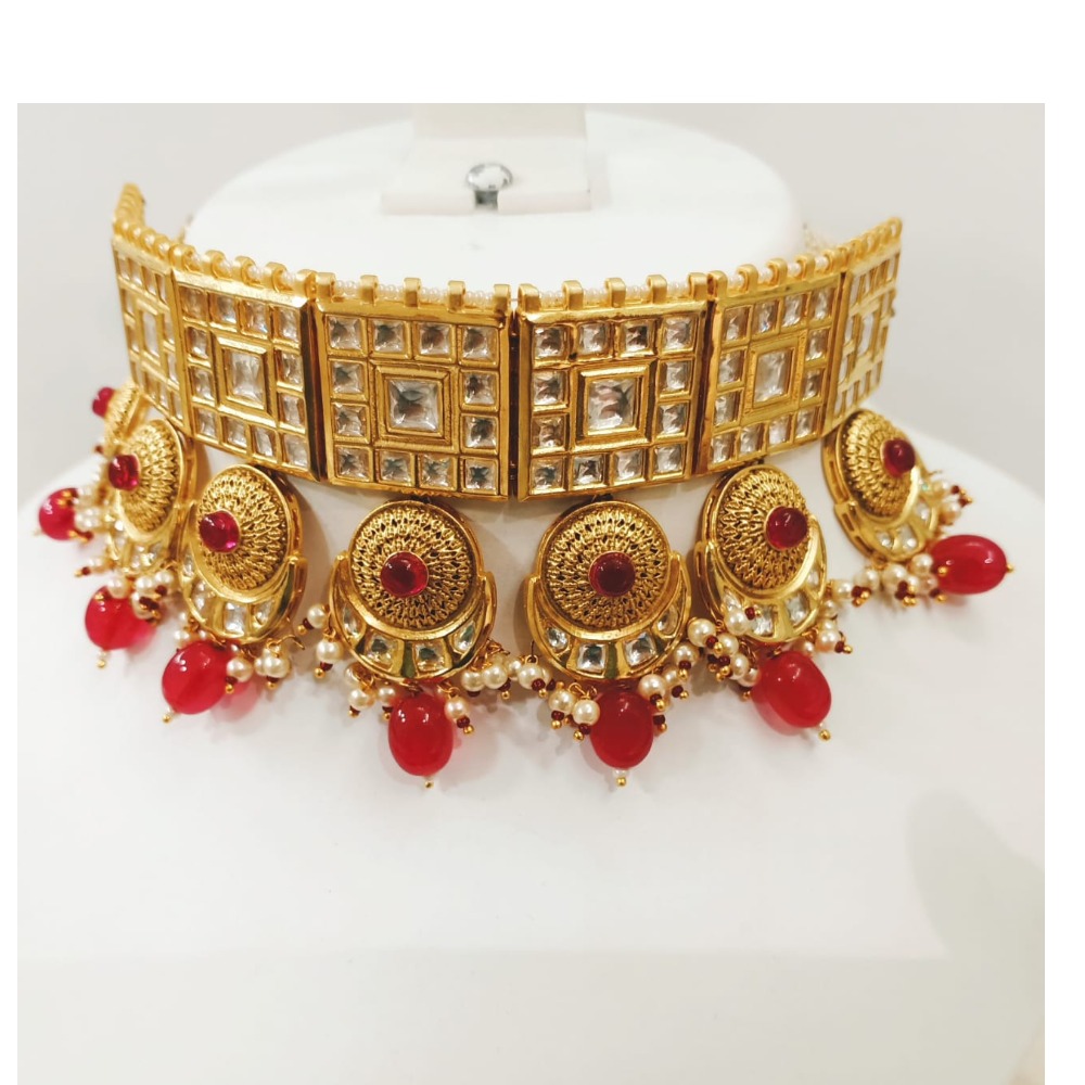 Gold plated and squer design kundan choker with hangin ruby necklace set 1283 - Image 2