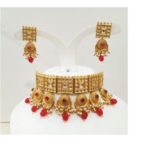 Gold plated and squer design kundan choker with hangin ruby necklace set 1283