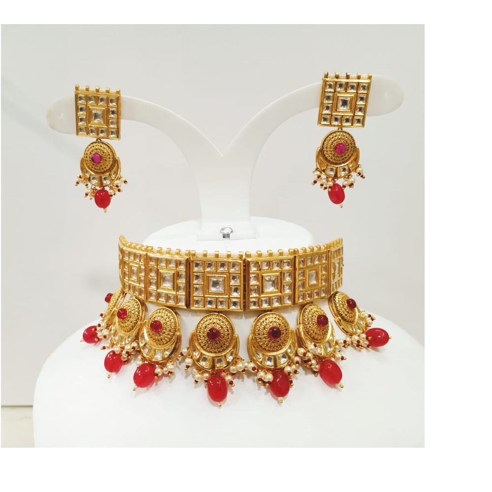 Gold plated and squer design kundan choker with hangin ruby necklace set 1283