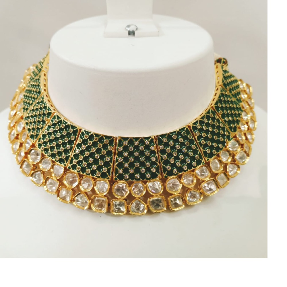 Green plat with gold plated polki necklace set 1282