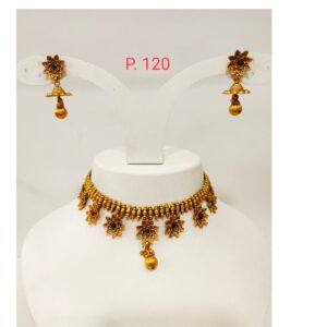 Traditional Gold polish flower work Design choker set with red(ruby) stone 1280
