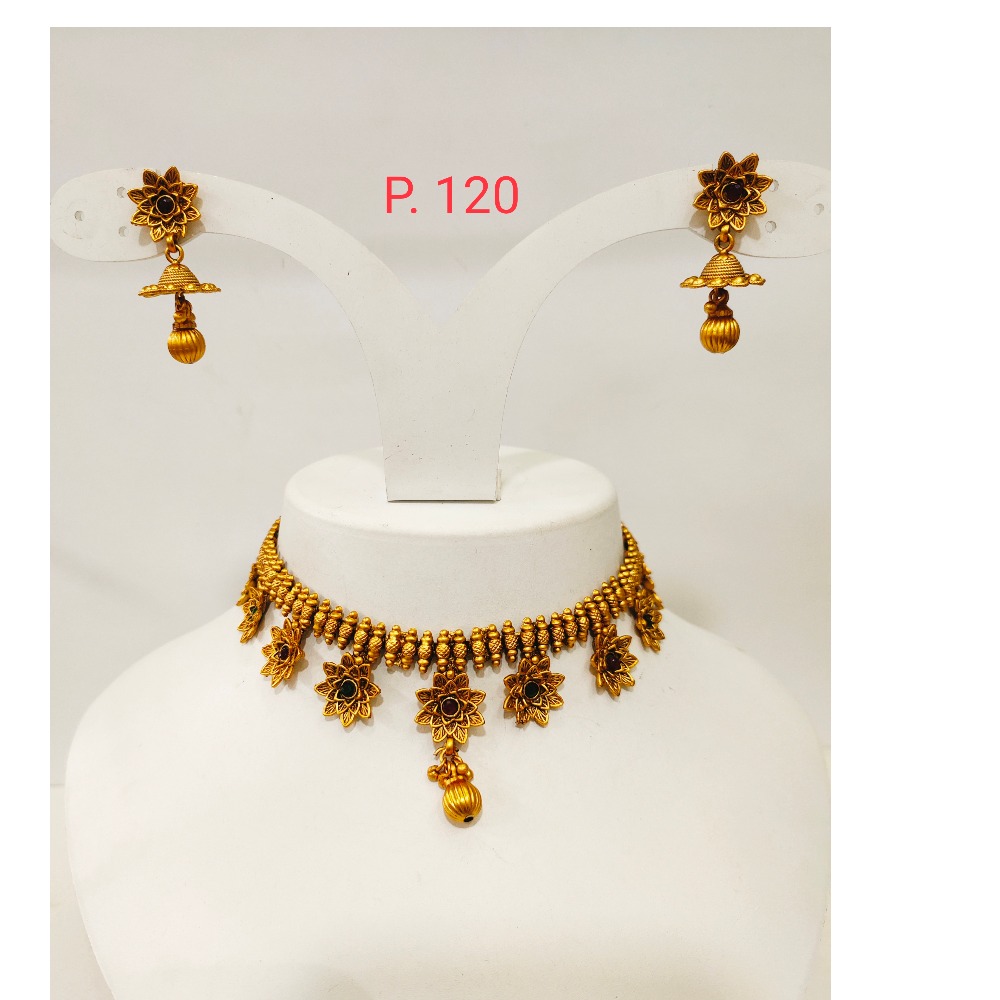 Traditional Gold polish flower work Design choker set with red(ruby) stone 1280