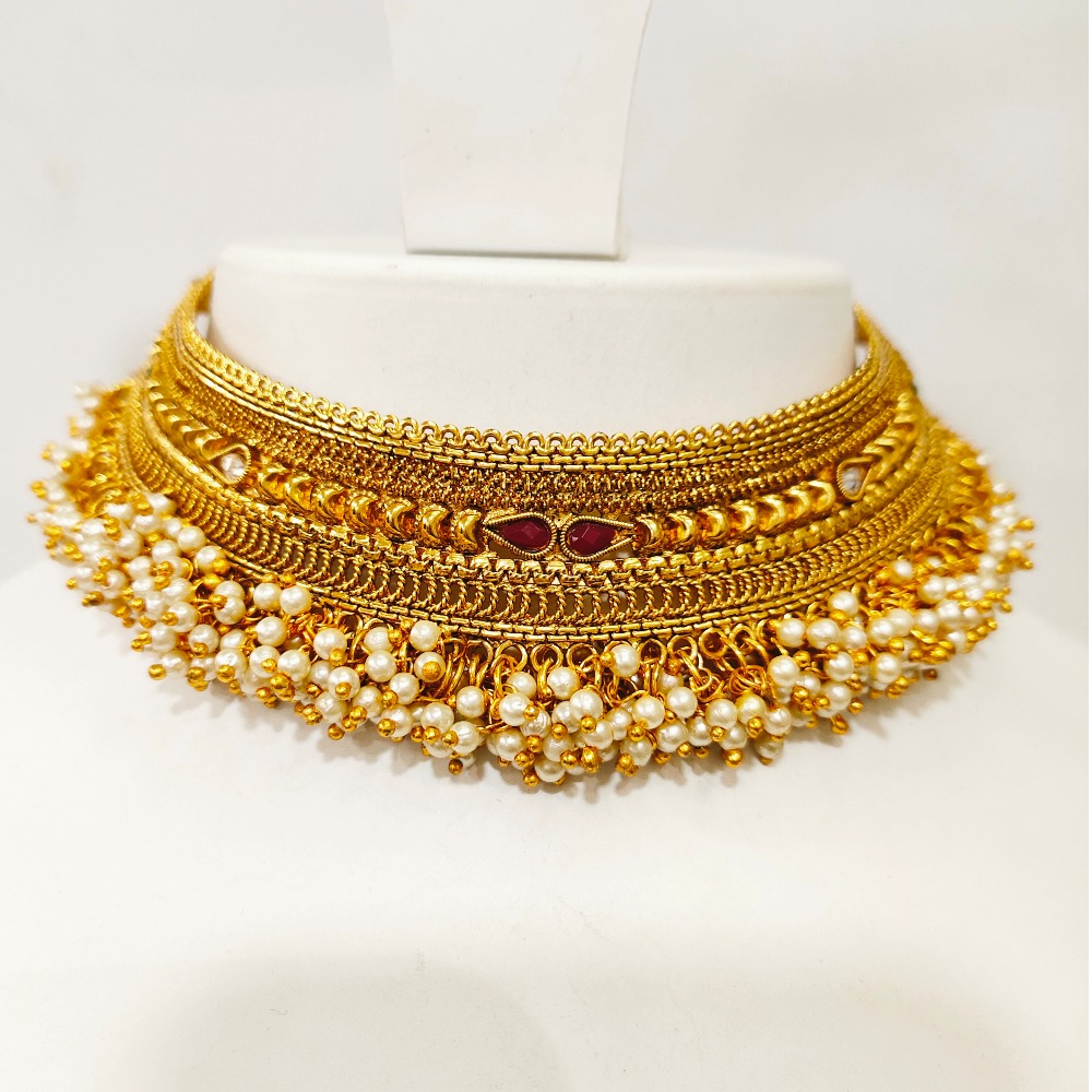 Antique gold plated wedding choker set combination with hanging moti & ruby stone 1279 - Image 2
