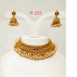 Antique gold plated wedding choker set combination with hanging moti & ruby stone 1279