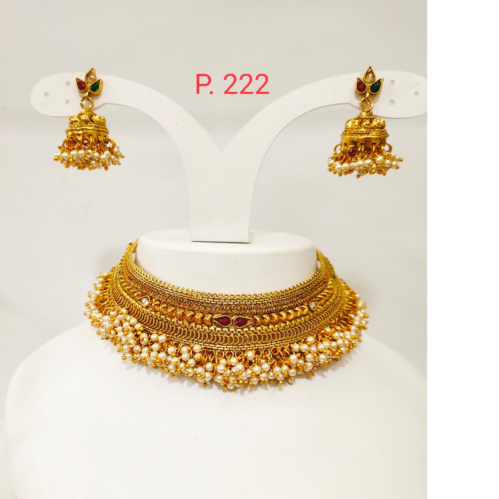 Antique gold plated wedding choker set combination with hanging moti & ruby stone 1279