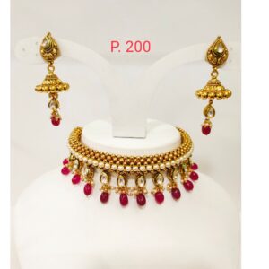 Antique Gold polish kundan & moti work design choker set with red bead 1278