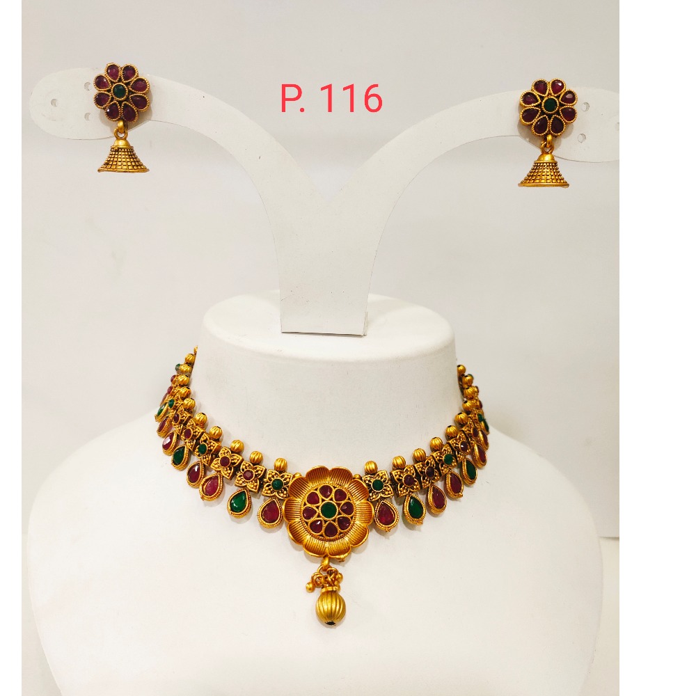Antique gold plated flower work design choker set with red & green stone 1277