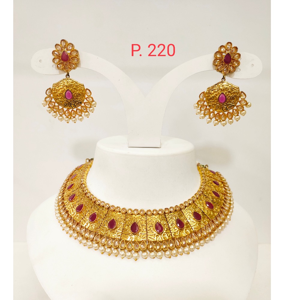 Antique Gold plated choker set with Red(ruby) Stone & Bead 1275