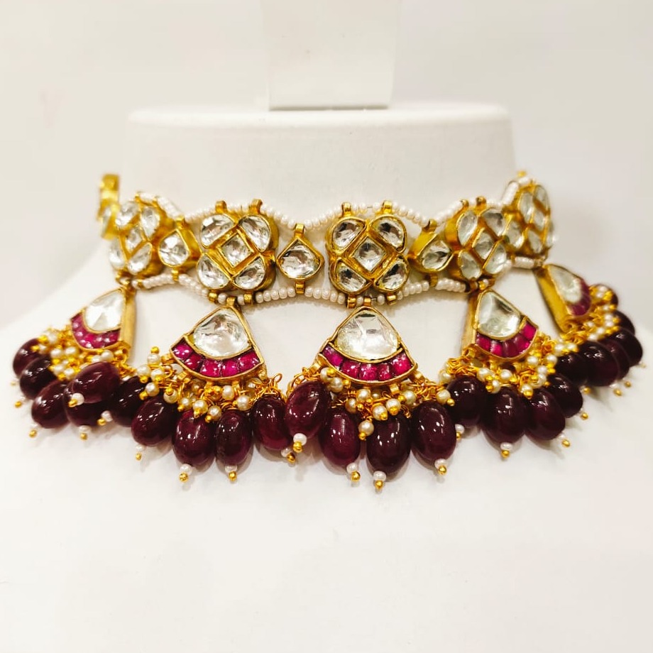 Traditional Kundan & ruby(Red) Pearl Choker Necklace Set 1231 - Image 2