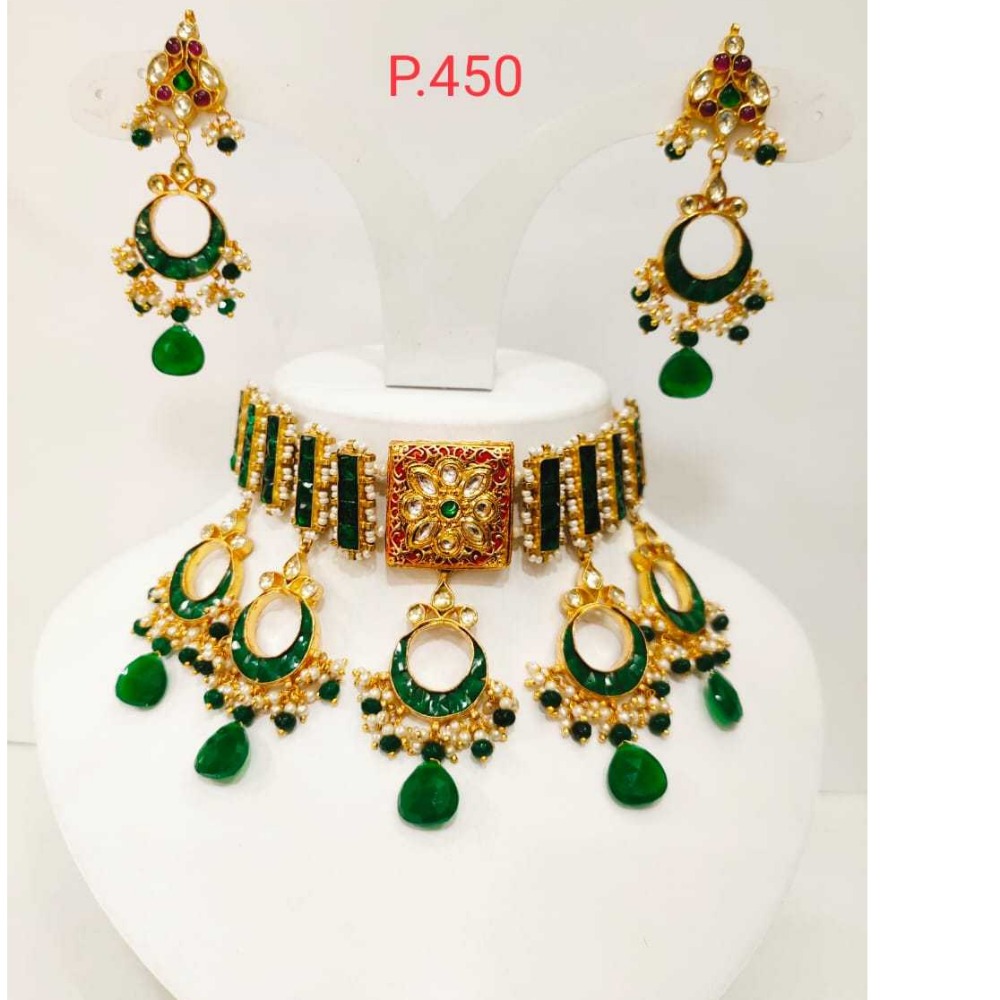 moon style green (Emerald) stone & pearl kundan work choker set 1229
