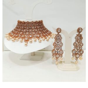 Gold-plated diamond work wedding wear choker necklace set with pearl 1251