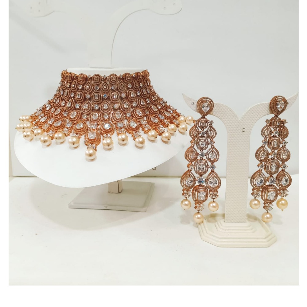 Gold-plated diamond work wedding wear choker necklace set with pearl 1251