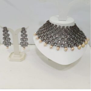 Oxidize diamond choker  with pearl Combination Necklace Set 1226