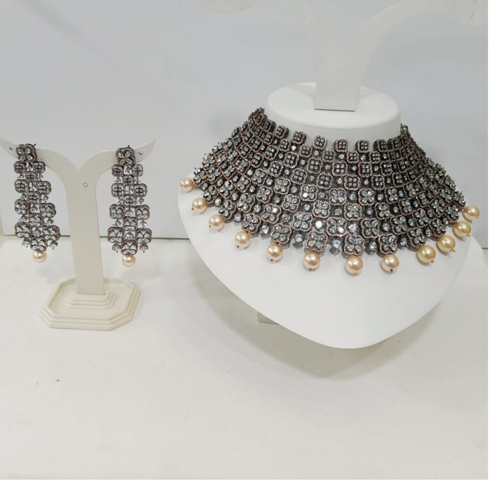Oxidize diamond choker  with pearl Combination Necklace Set 1226