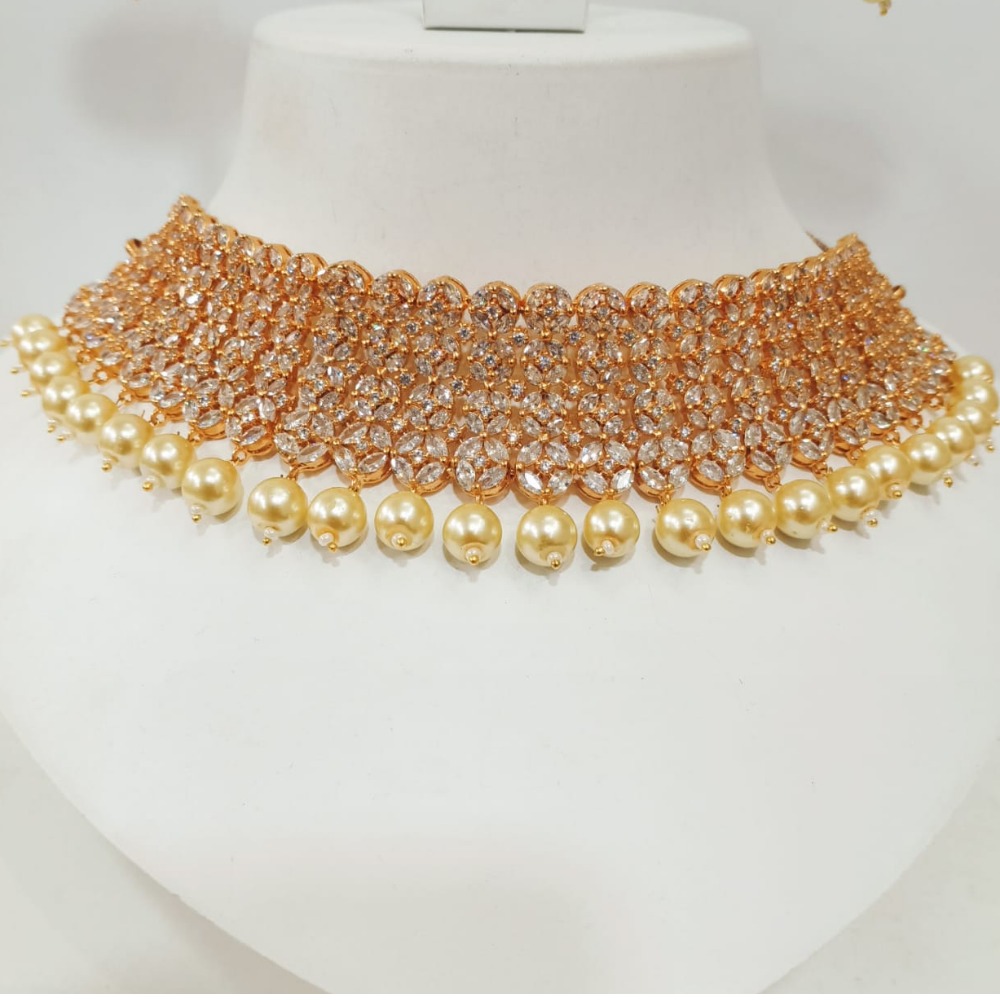 Gold plated diamond & pearl wedding choker necklace set 1224
