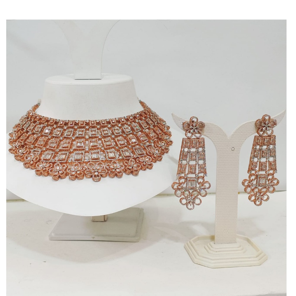 Rose gold plated diamond bridal necklace set 1223