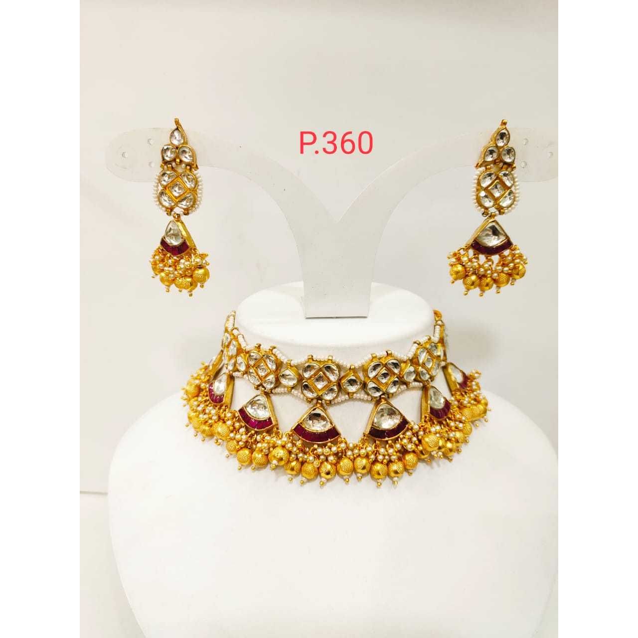 Antique gold plated kudan choker set with white & red stone 1197