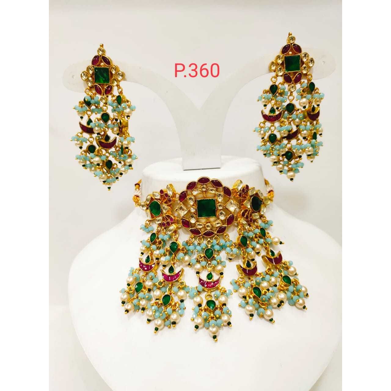 Bridal kundan choker set with green(emerald) pink(ruby) stone & mint white pearl  1194