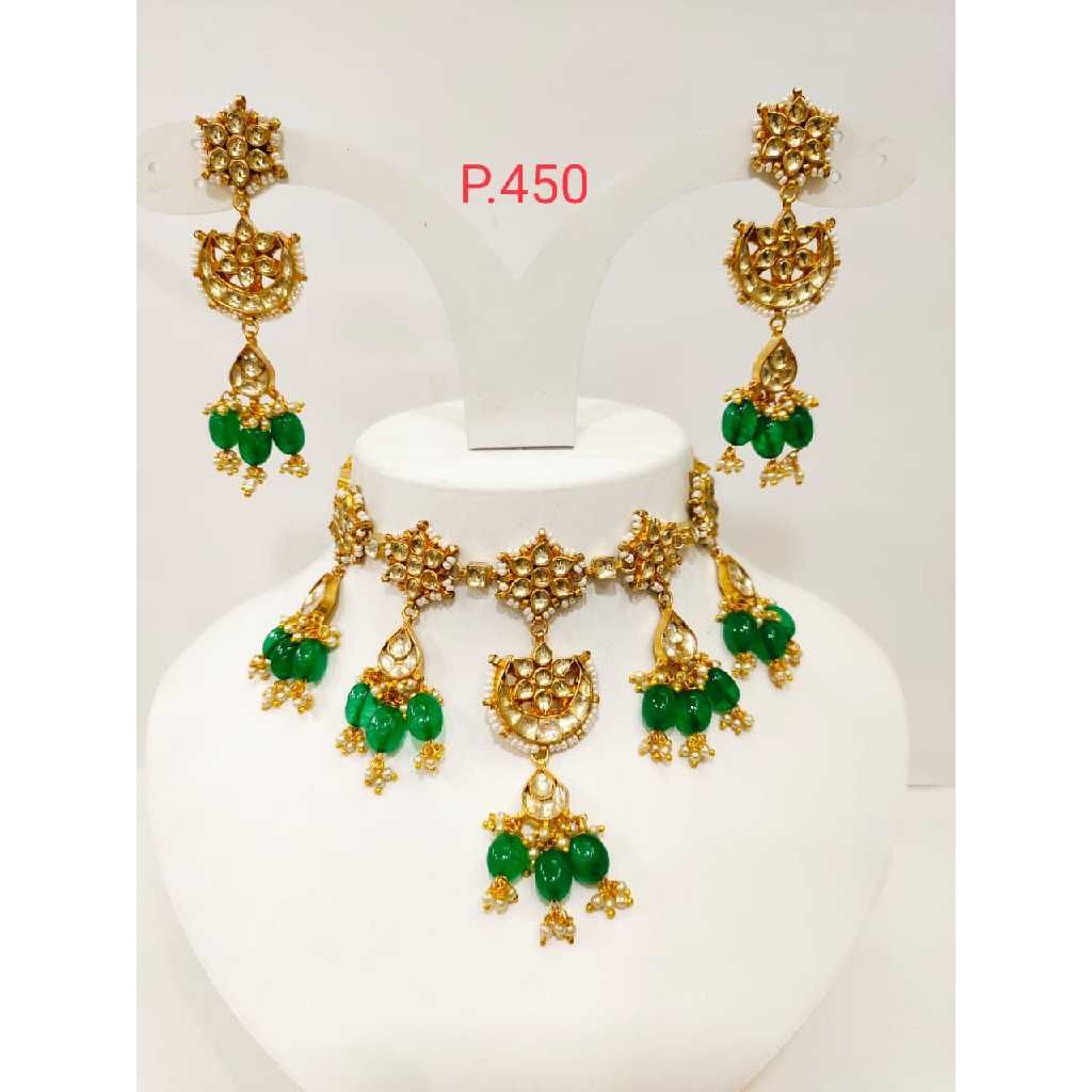 Gold plated kundan & emerald (green) Bead choker set 1192