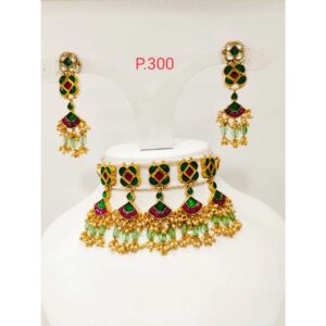 Traditional gold-plated kundan Choker Set With green and Red stone & mint bead  1191