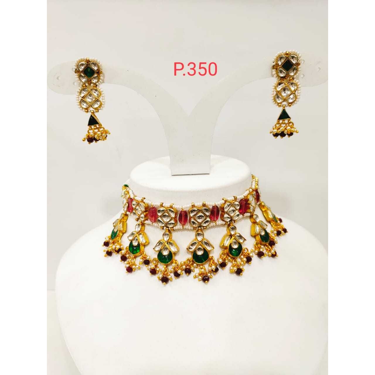 pink & Green Stone Kundan Choker Set With Pearl 1183