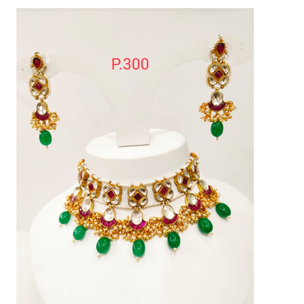 Kundan work choker set with pink stone and green(emerald) beads 1181
