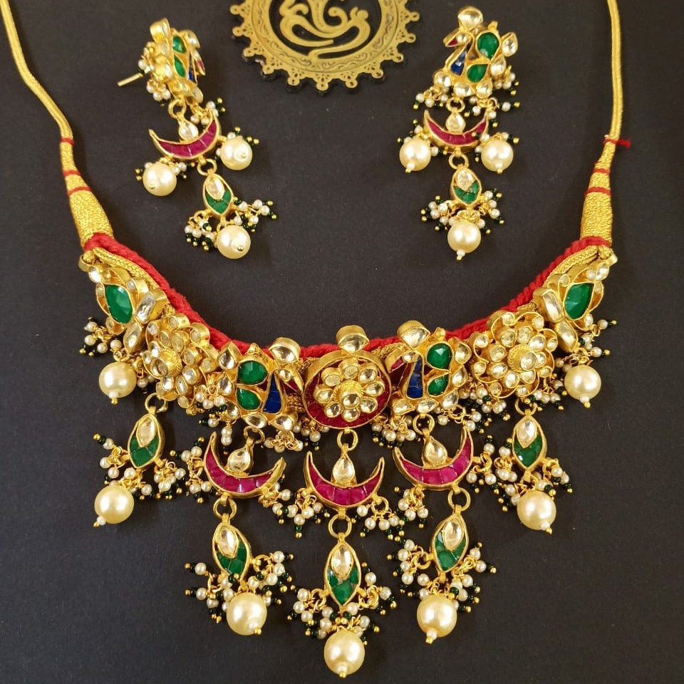 Red gadi (cotton) work pearl hanging necklace set