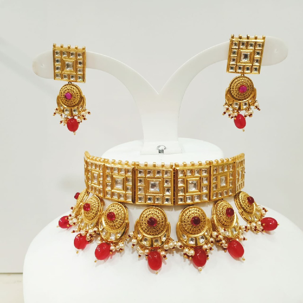 Square shape choker set with pink suzni(Drop) hanging design number 1125