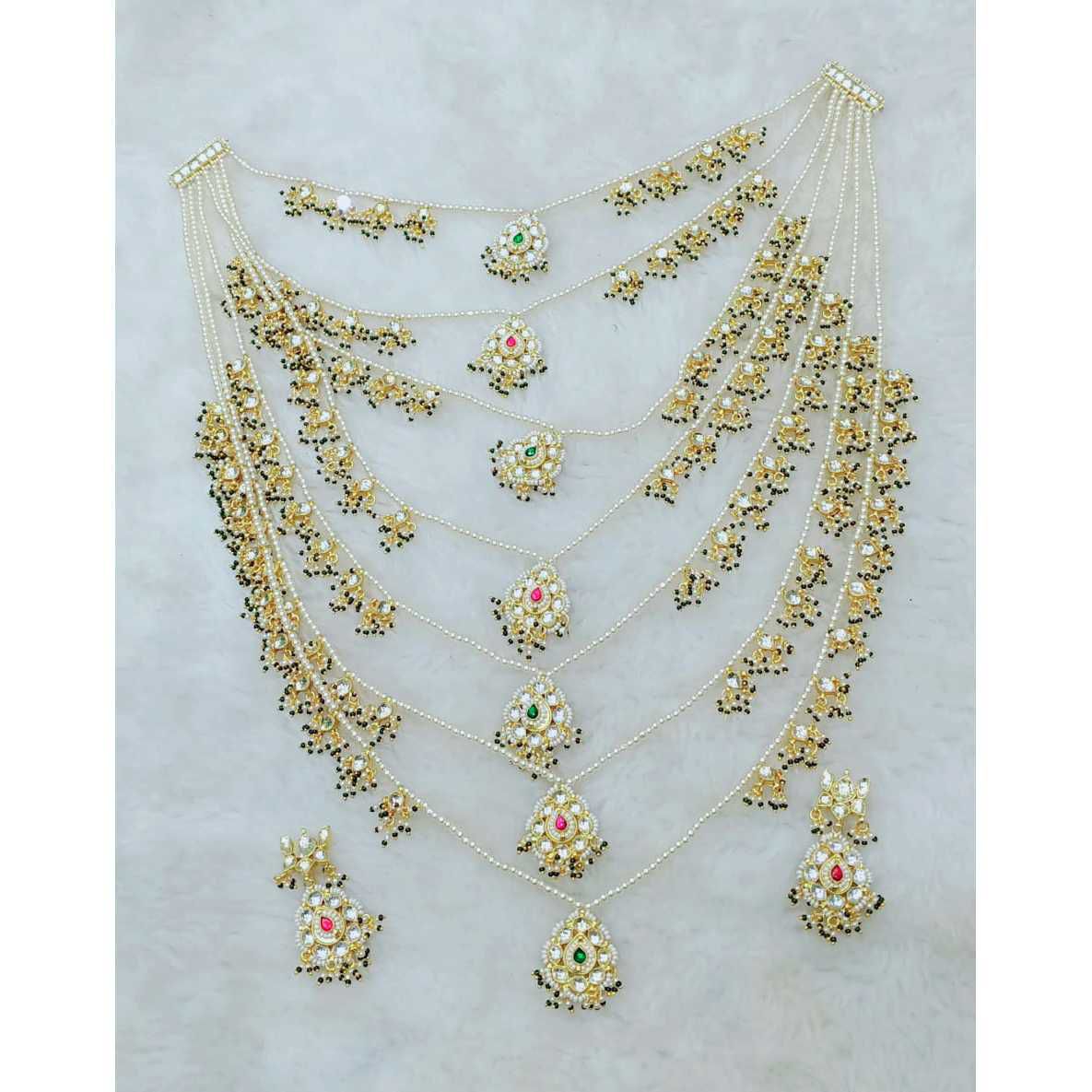 Colourful Stone And White Pearl Satlada (Layered) Necklace Set1095