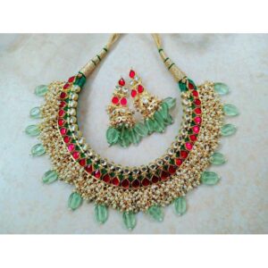 Pink and green kundan gaadi set with beautiful earrings1086