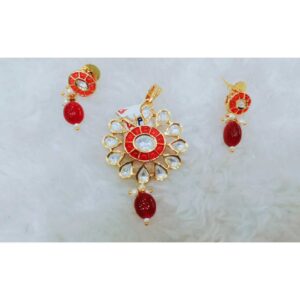 Delicate red and white kundan's pandant set, owal shape hanging beads1069