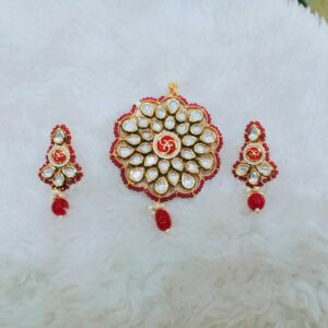 Beautiful red and white bikaneri kundan pendant and earring set1068