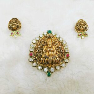 Geru polished golden antique temple pendant and earring set with bikaneri kundan combination of antique design  1066