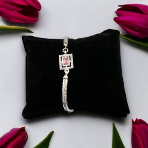 925 Silver Square Design Pink Stone Bracelet