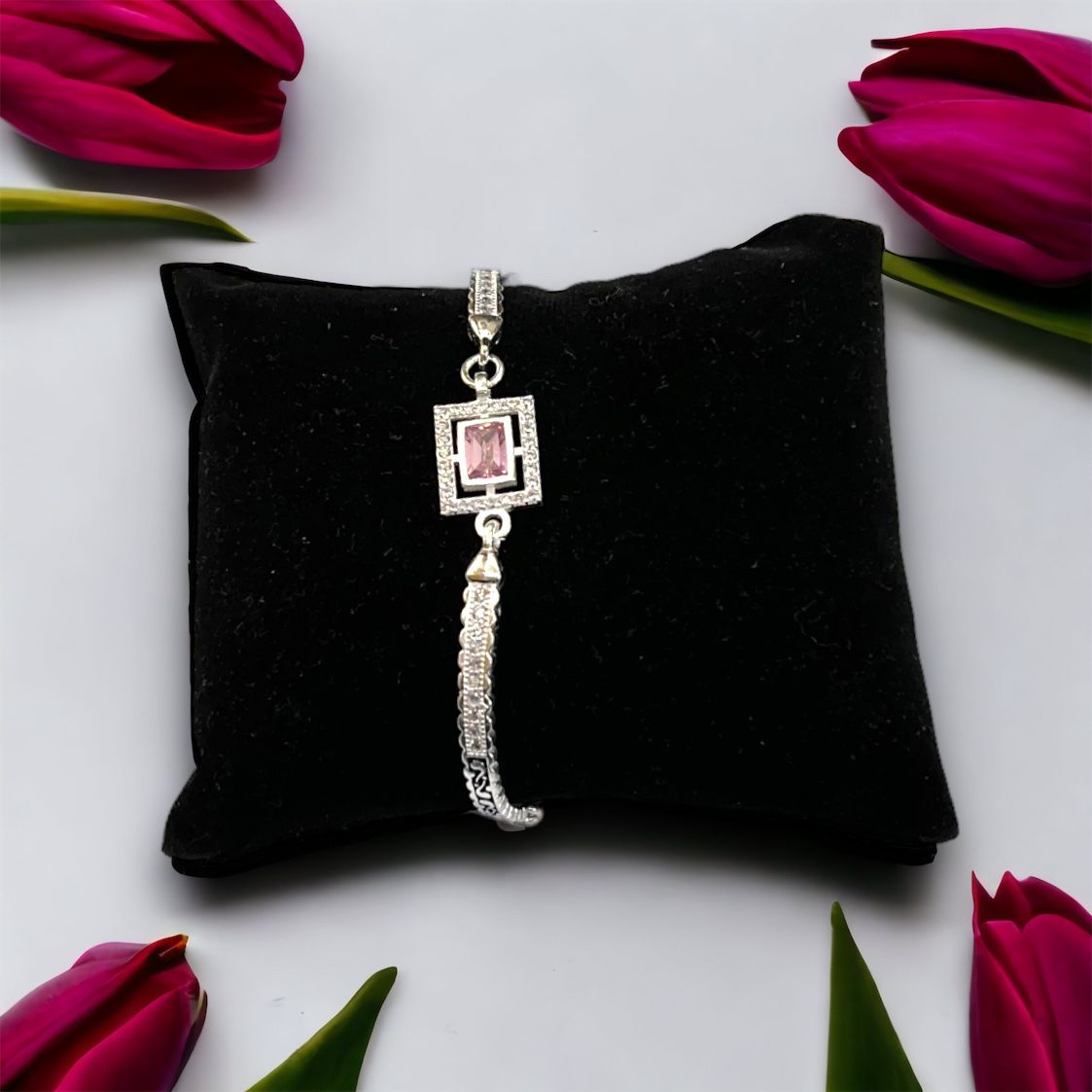 925 Silver Square Design Pink Stone Bracelet